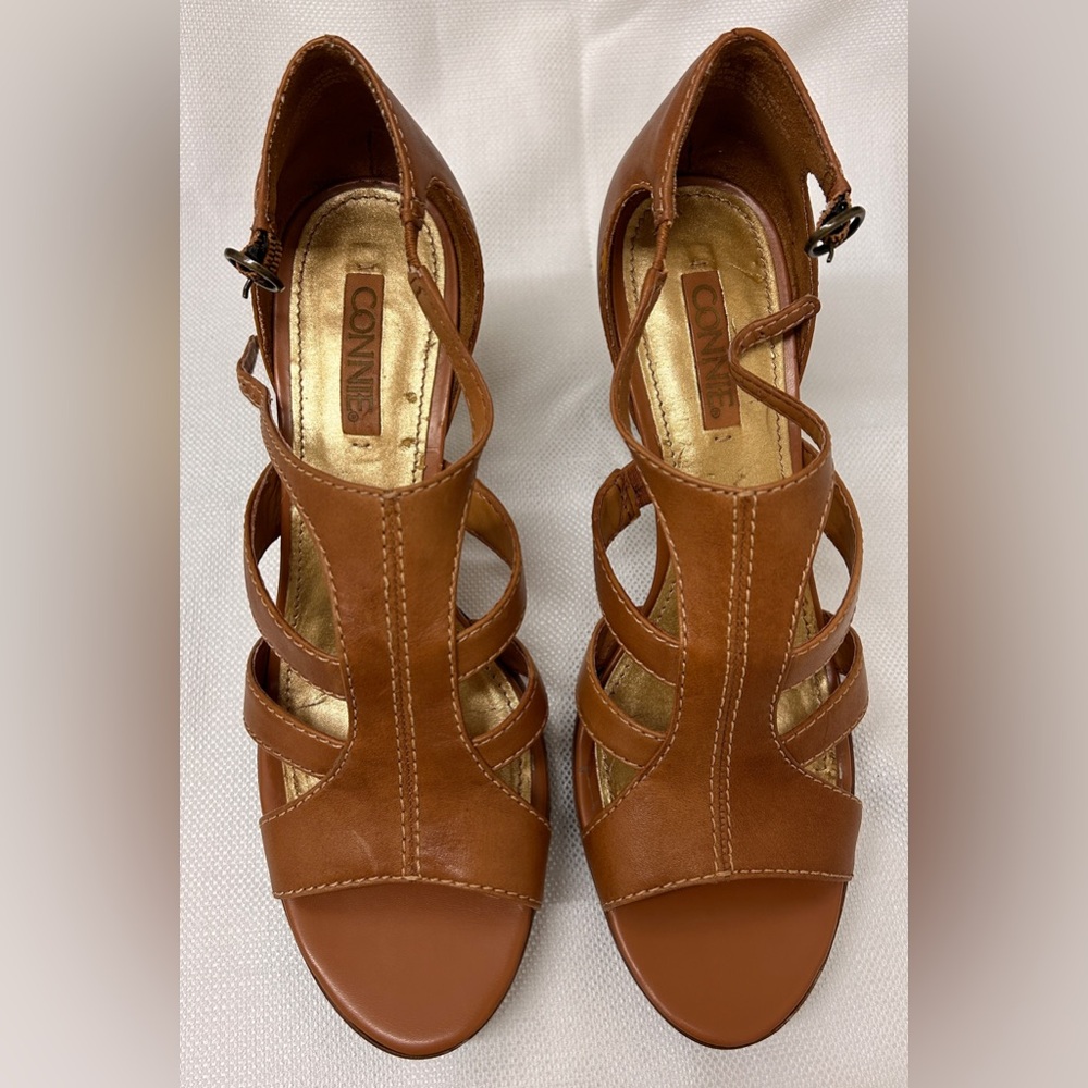 Connie- tan high heel open toe sandals, size 10M